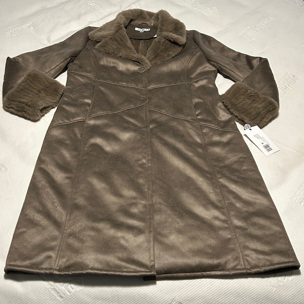 VIA SPIGA DARK TAUPE WOMEN NORTCH COLLAR COAT WITH FAUX FUR TRIM SIZE LARGE NWT - Picture 3 of 16